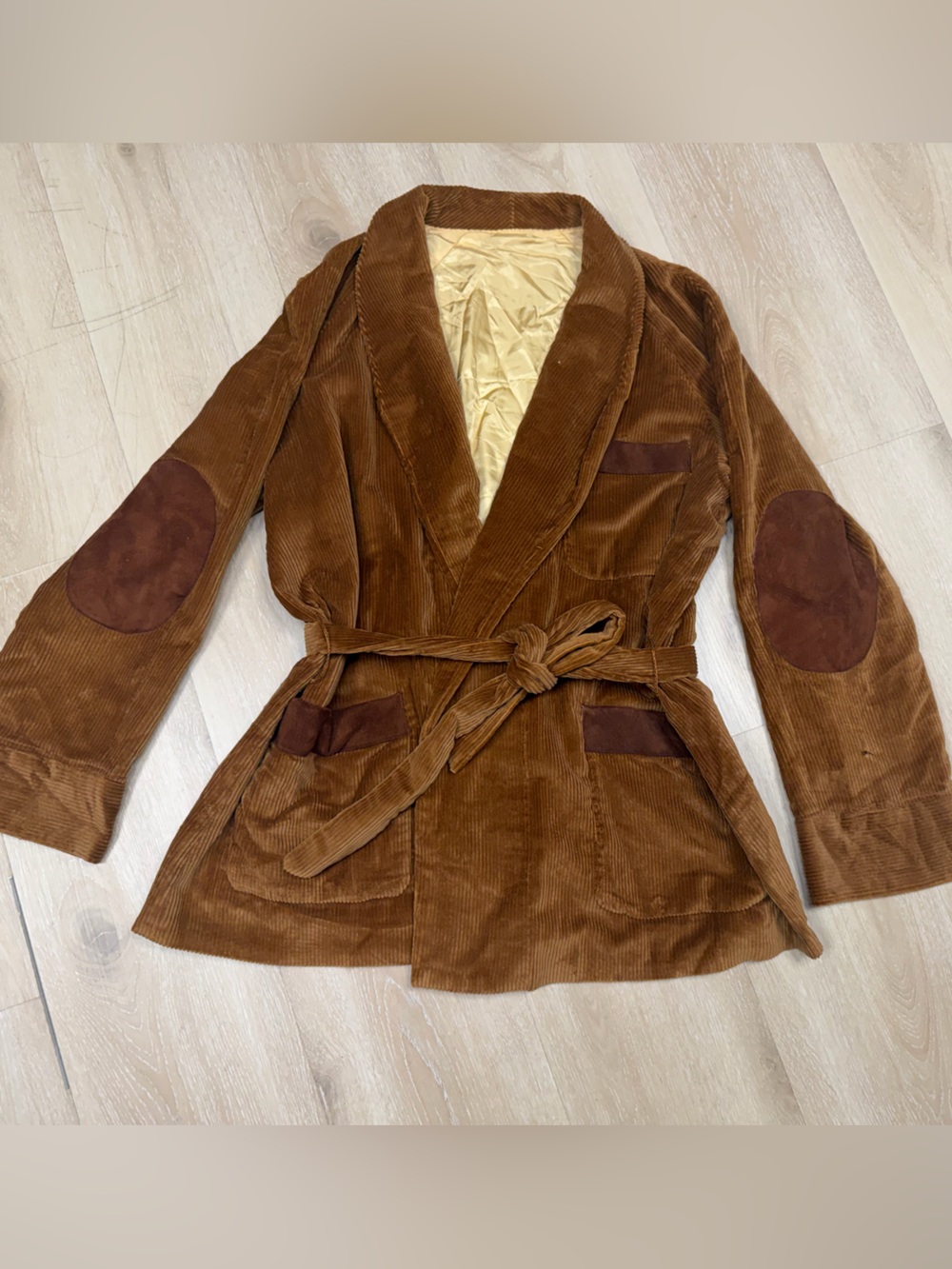 Vintage Men’s Brown Corduroy Belted Smokers Jacket Elbow Patches Large